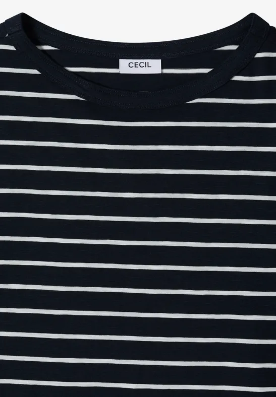 Gestreiftes T-Shirt mit U-Boot-Ausschnitt in Navy und Weiß