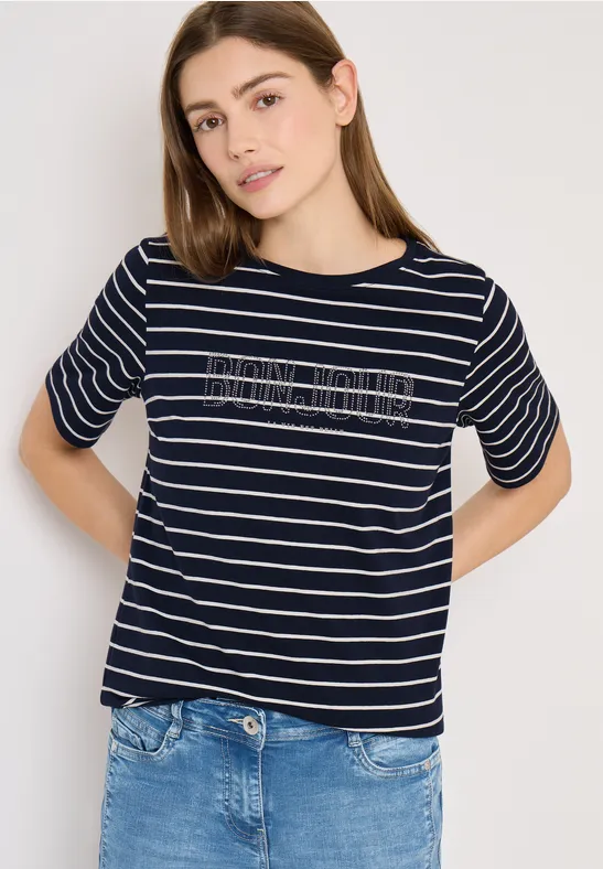 Gestreiftes Baumwoll-T-Shirt mit Schriftzug