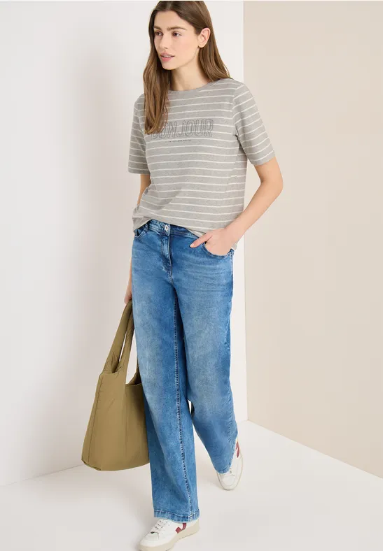 Gestreiftes T-Shirt mit Bonjour-Aufdruck