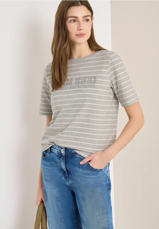 Gestreiftes T-Shirt mit Bonjour-Aufdruck