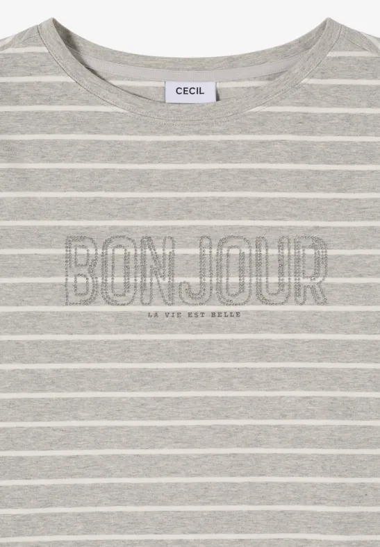 Gestreiftes T-Shirt mit Bonjour-Aufdruck