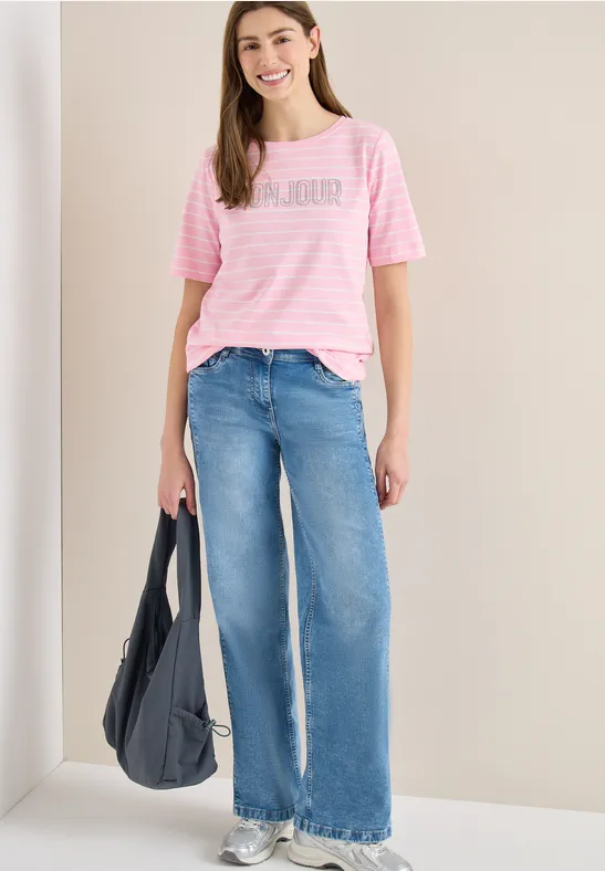 Gestreiftes Strass Grafik T-Shirt