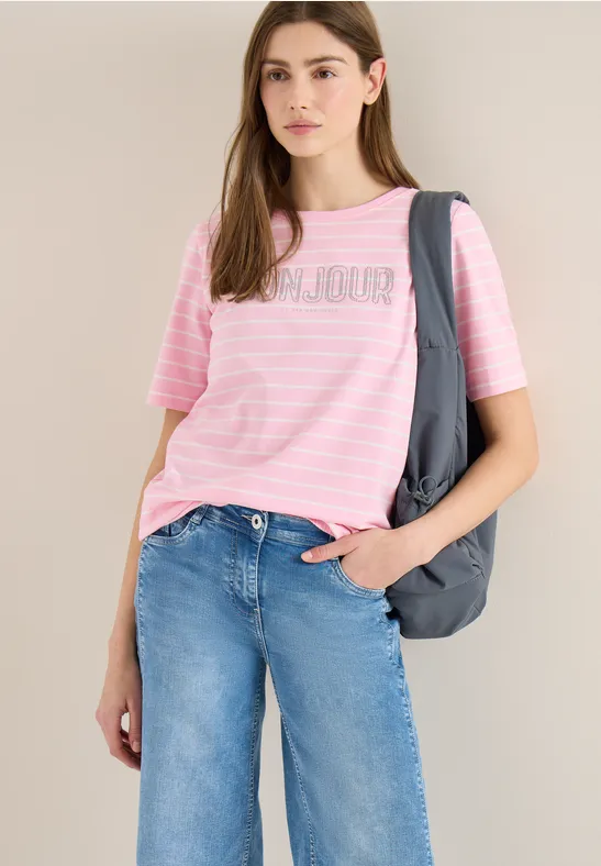 Gestreiftes Strass Grafik T-Shirt