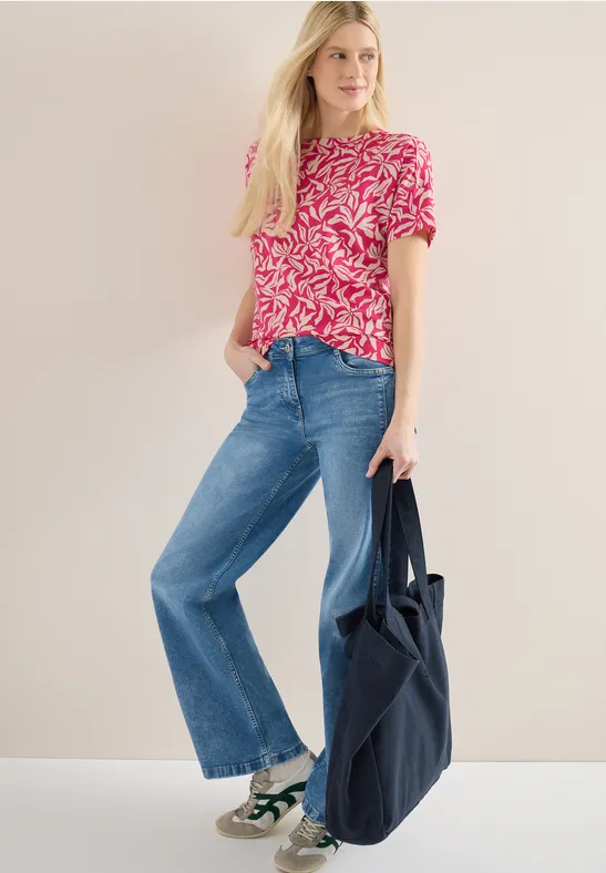 T-Shirt mit floralem Print und U-Boot-Ausschnitt