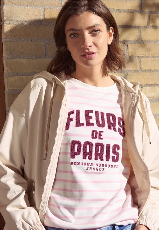 Gestreiftes Shirt mit Grafikdruck und 3/4-Ärmeln