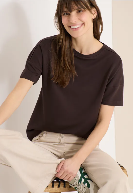 Braunes Kurzarm T-Shirt mit Schulterdetail