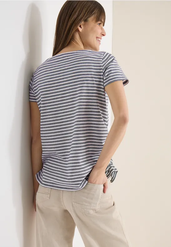 Gestreiftes Baumwoll-T-Shirt mit seitlicher Raffung