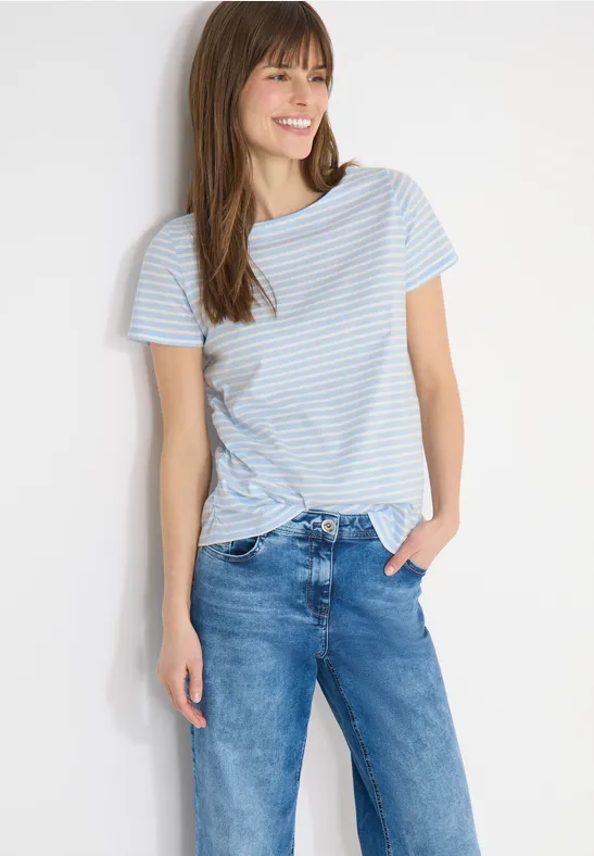 Gestreiftes Baumwoll-T-Shirt mit seitlicher Raffung