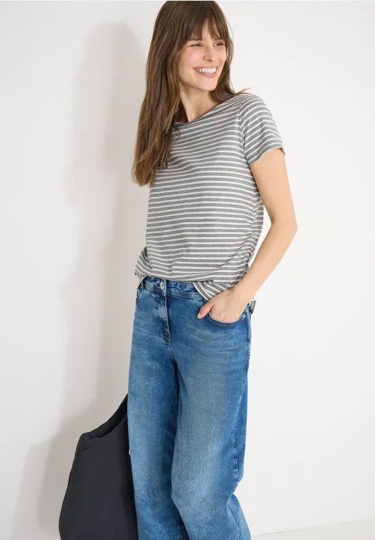 Gestreiftes Baumwoll-T-Shirt mit U-Boot-Ausschnitt