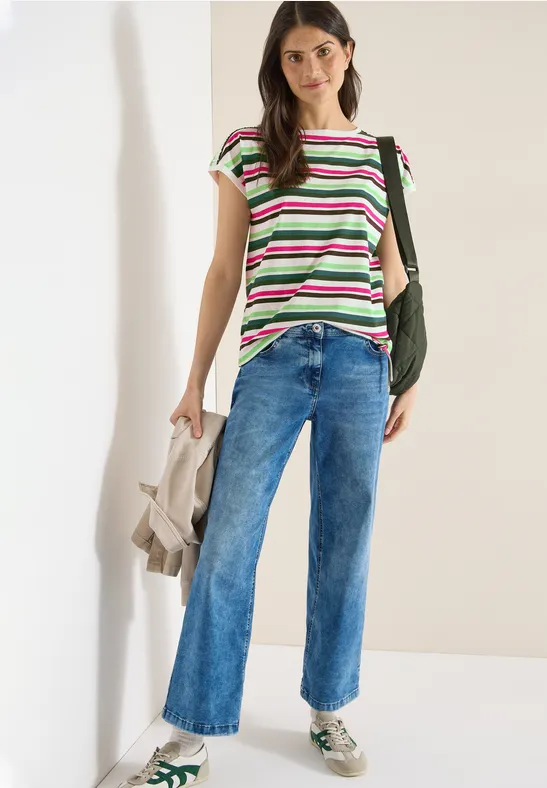 Gestreiftes T-Shirt mit gerafften Schultern
