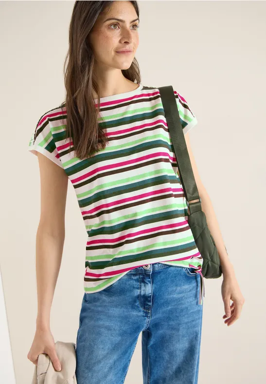 Gestreiftes T-Shirt mit gerafften Schultern