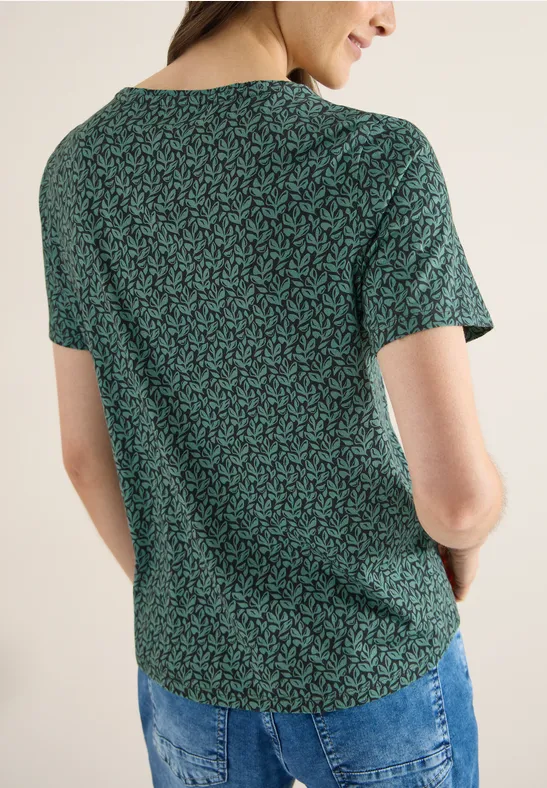 Grünes Basic-T-Shirt mit Blätterdruck