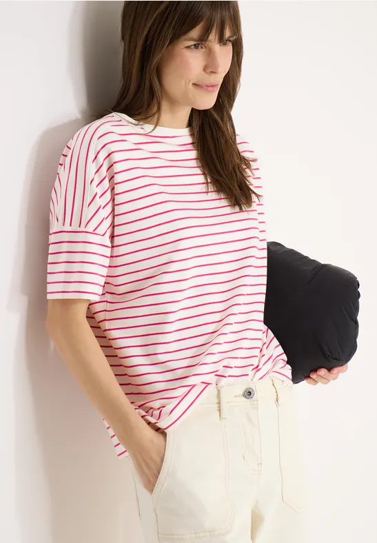 Gestreiftes T-Shirt mit U-Boot-Ausschnitt aus Baumwoll-Modal-Mix