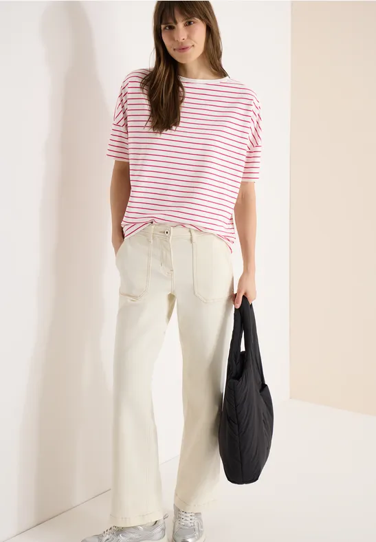 Gestreiftes T-Shirt mit U-Boot-Ausschnitt aus Baumwoll-Modal-Mix