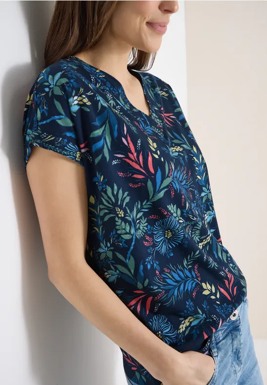 T-Shirt mit V-Ausschnitt und Blumenprint