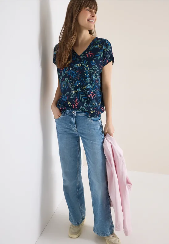 T-Shirt mit V-Ausschnitt und Blumenprint