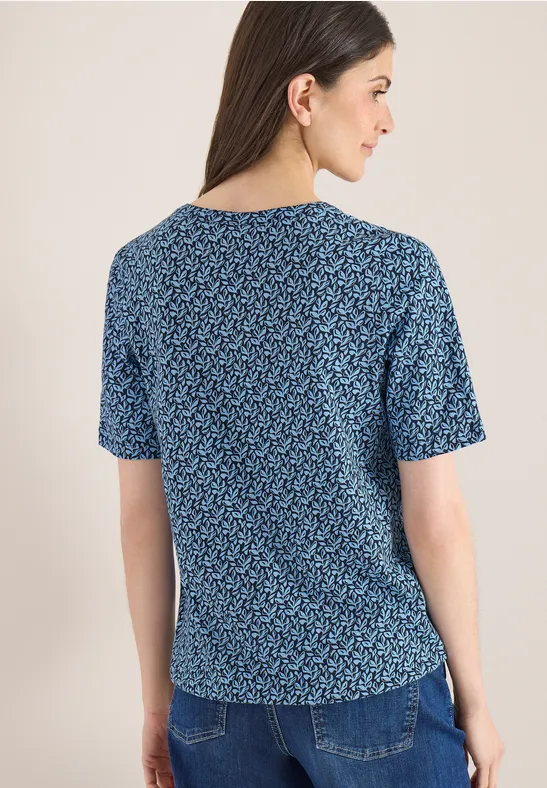 T-Shirt mit Blätterprint und Schlitzkragen