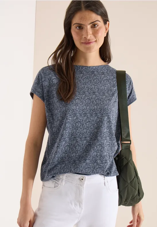 Shirt mit Ausbrenner-Blattmuster und U-Boot-Ausschnitt