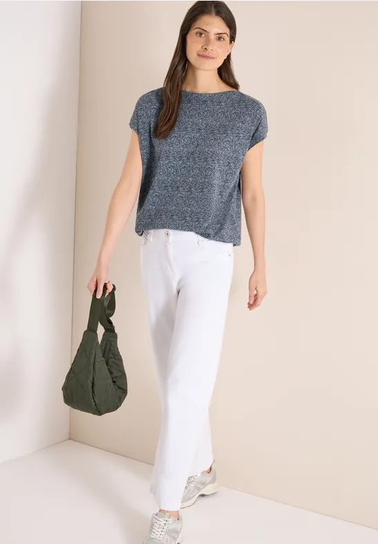 Shirt mit Ausbrenner-Blattmuster und U-Boot-Ausschnitt