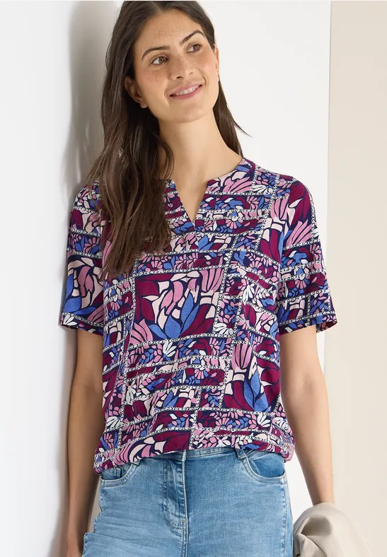 Tunika-Top mit Blumenmuster und Schlitzkragen