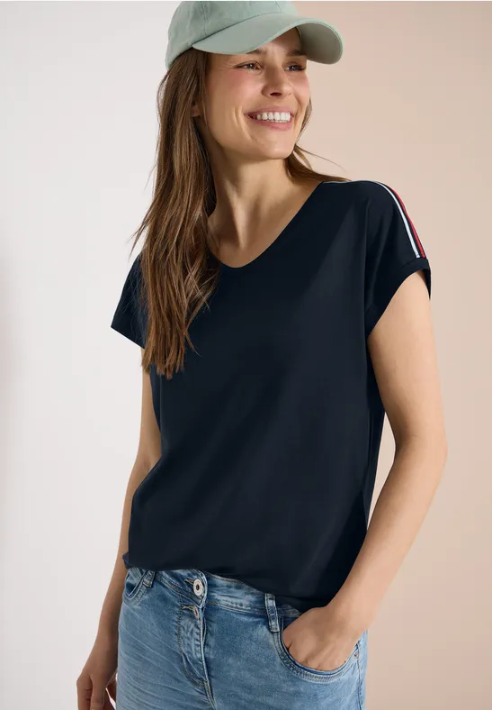 Marineblaues V-Ausschnitt T-Shirt mit Ärmelstreifen