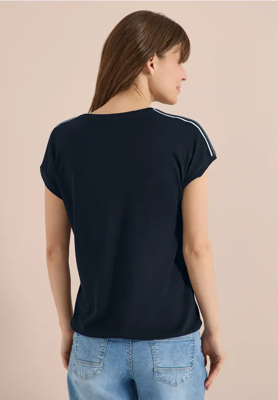 Marineblaues V-Ausschnitt T-Shirt mit Ärmelstreifen