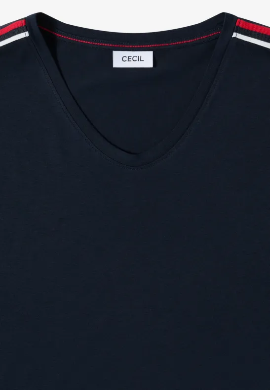 Marineblaues V-Ausschnitt T-Shirt mit Ärmelstreifen
