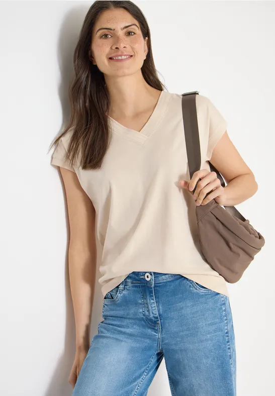 Damen Beige V-Ausschnitt Kurzarm T-Shirt