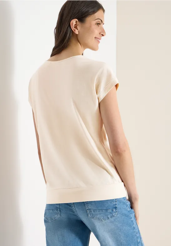 Damen Beige V-Ausschnitt Kurzarm T-Shirt