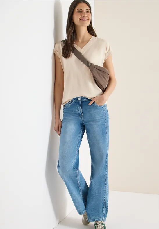 Damen Beige V-Ausschnitt Kurzarm T-Shirt