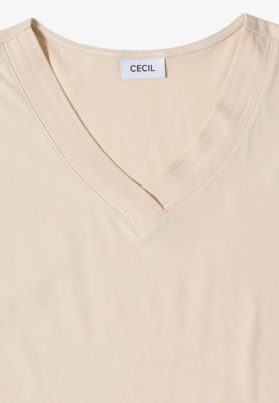 Damen Beige V-Ausschnitt Kurzarm T-Shirt