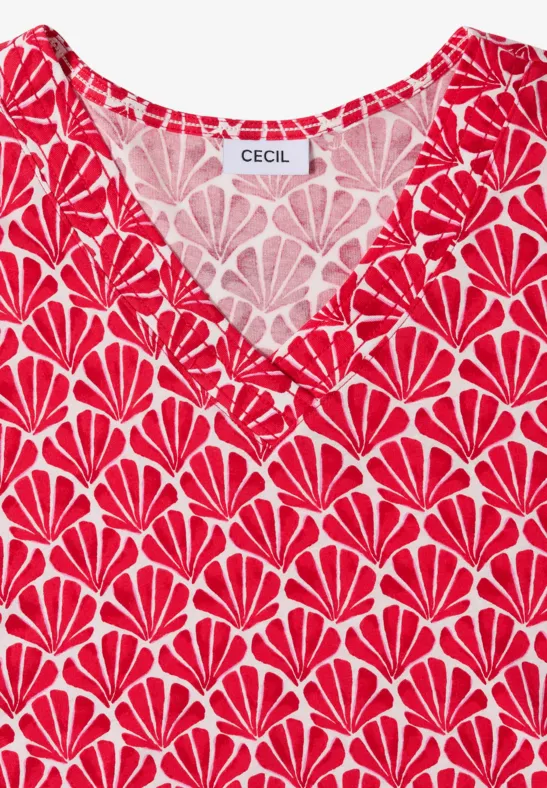 T-Shirt mit V-Ausschnitt und Muschelprint