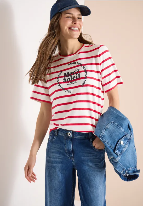 Gestreiftes Kurzarm-T-Shirt mit Aufdruck