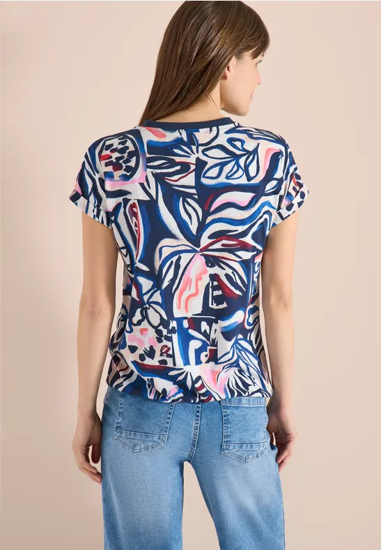 Damen T-Shirt mit Grafikprint und Schlitzkragen