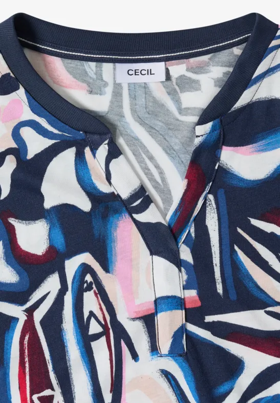 Damen T-Shirt mit Grafikprint und Schlitzkragen