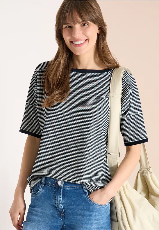 Cecil Damen Shirt mit Boatneck und Struktur in Blau, Gr: L