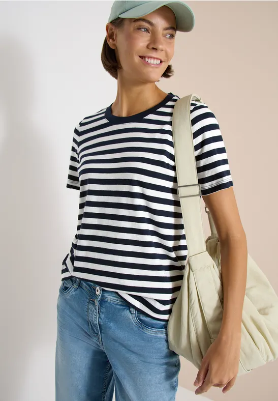 Gestreiftes Baumwoll T-Shirt mit Rundhalsausschnitt