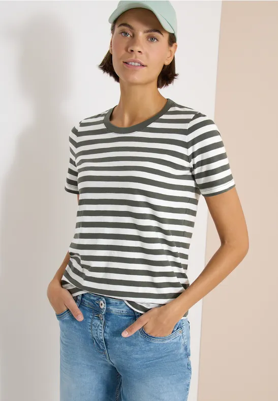 Gestreiftes Baumwoll-T-Shirt mit Rundhalsausschnitt