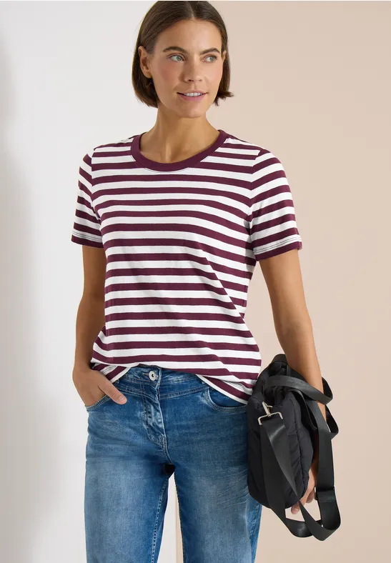 Gestreiftes Baumwoll-T-Shirt mit Rundhalsausschnitt