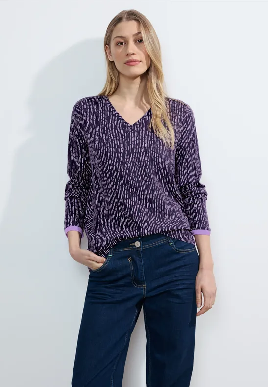 Langärmlige Bluse mit V-Ausschnitt und Print