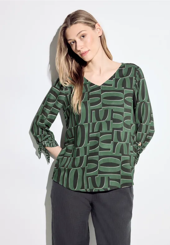 Grüne Print Bluse mit V-Ausschnitt und Ärmeldetails