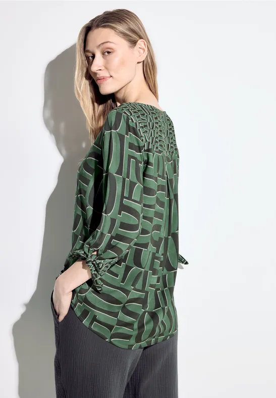 Grüne Print Bluse mit V-Ausschnitt und Ärmeldetails