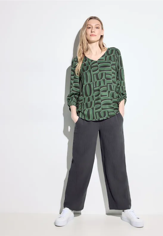 Grüne Print Bluse mit V-Ausschnitt und Ärmeldetails