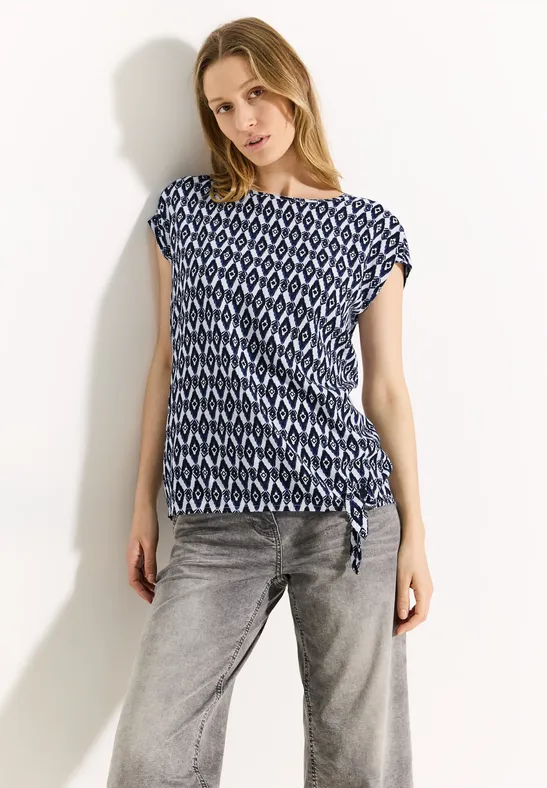 Bedruckte Bluse mit Rundhalsausschnitt und Bindedetail