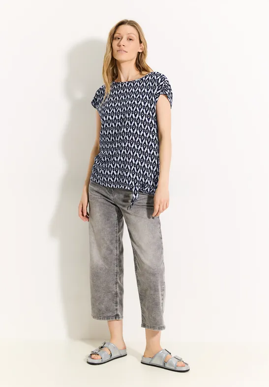 Bedruckte Bluse mit Rundhalsausschnitt und Bindedetail