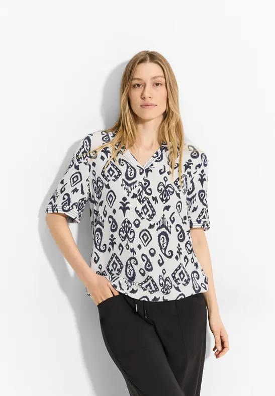 Blusenshirt mit Ornamentmuster und V-Ausschnitt