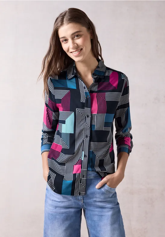 Geometrische Langarmbluse mit Muster