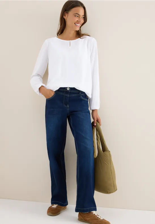 Damen Langarm Bluse mit Schlüssellochausschnitt