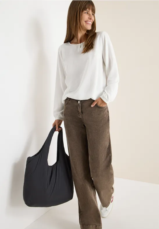 Damen Langarm Bluse mit Schlüssellochausschnitt
