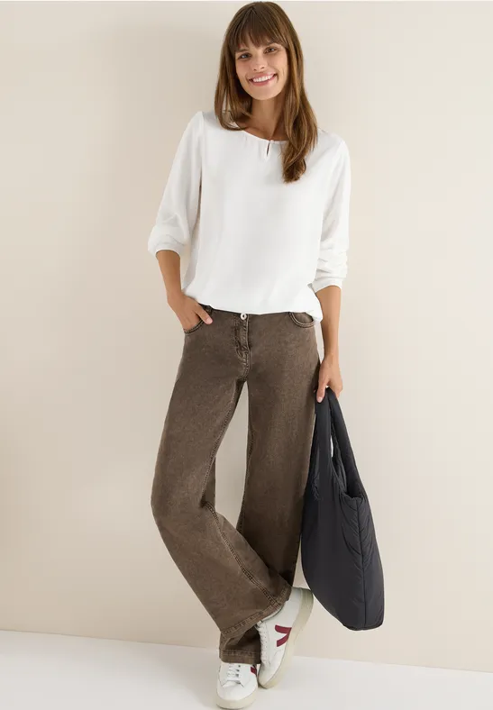 Damen Langarm Bluse mit Schlüssellochausschnitt